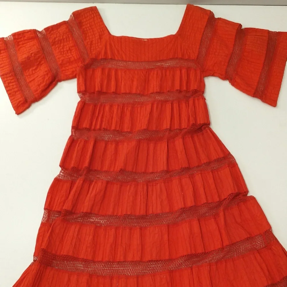 Red Mexican Wedding Dress Delicate Cotton Crochet 59" Long Traditional Fem Maxi - Picture 14 of 14